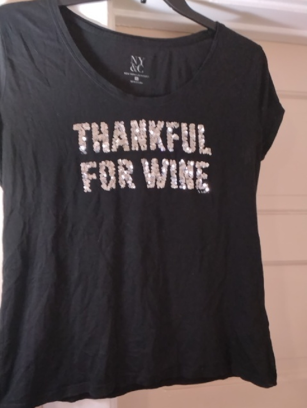 New York & Company Black Tee with Silver Sequin 'THANKFUL FOR WINE'
